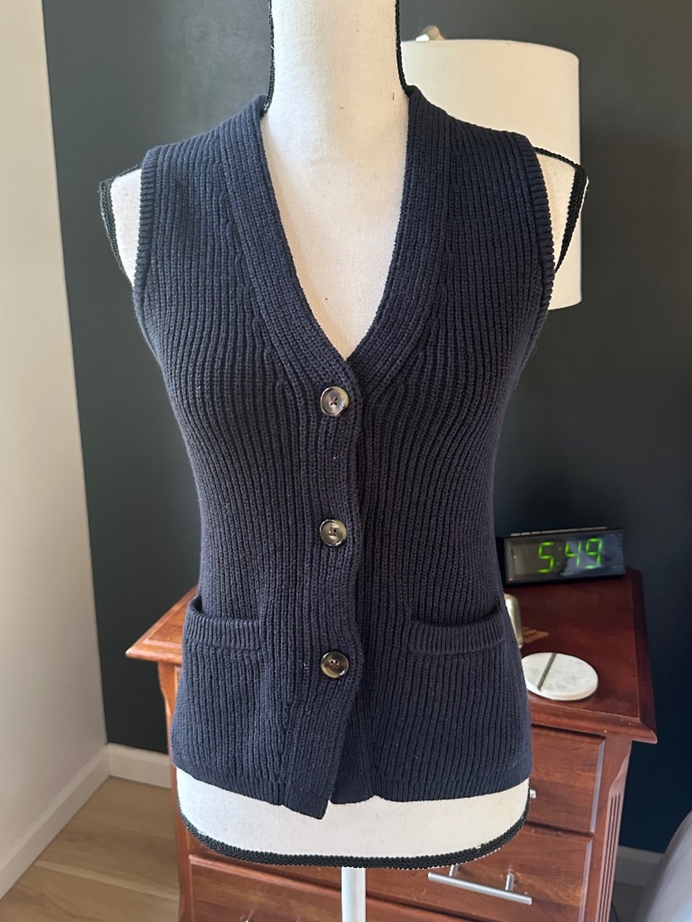 White and Warren Navy Button Front Sleeveless Sweater Vest - Sz. S
